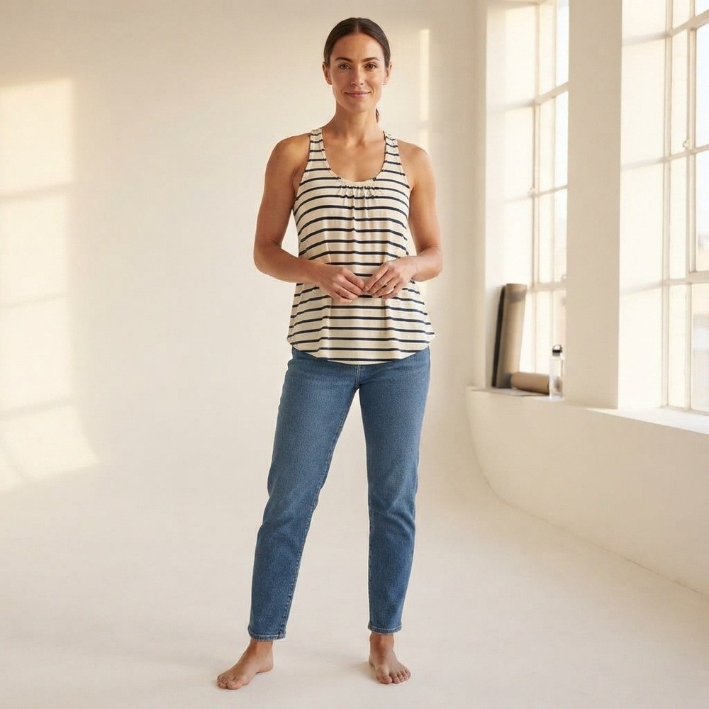 Eberjey Tank Top Womens Small Cream Navy Striped Excellent Racerback Pleated